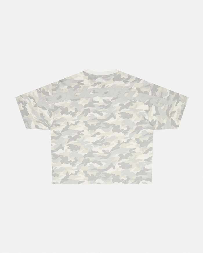 DISTRESS CURVED TEE CAMO GREY - grey camo tee, back view - Cold Culture
