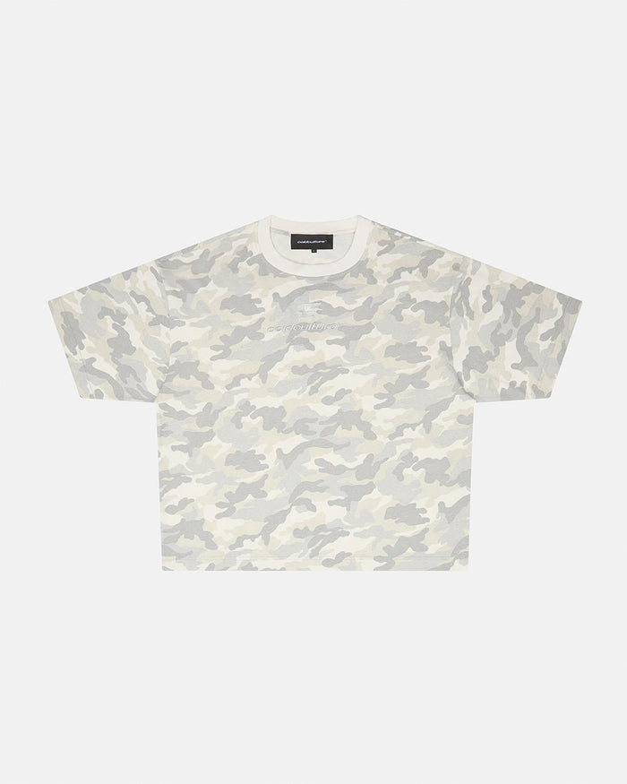 DISTRESS CURVED TEE CAMO GREY - grey camo tee, front view - Cold Culture #woman