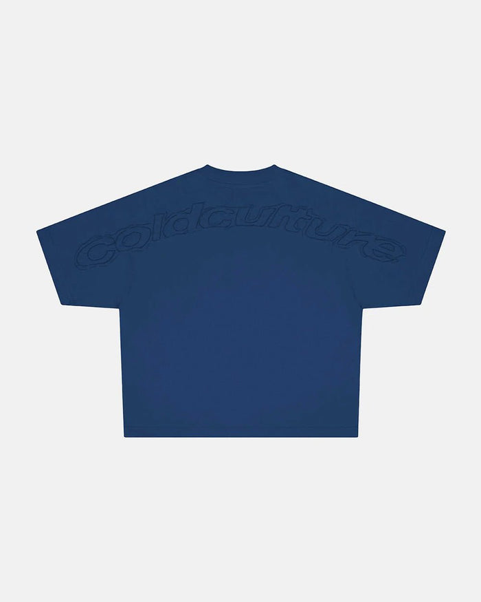 DISTRESS CURVED TEE NAVY - navy blue boxy tee, back view - Cold Culture