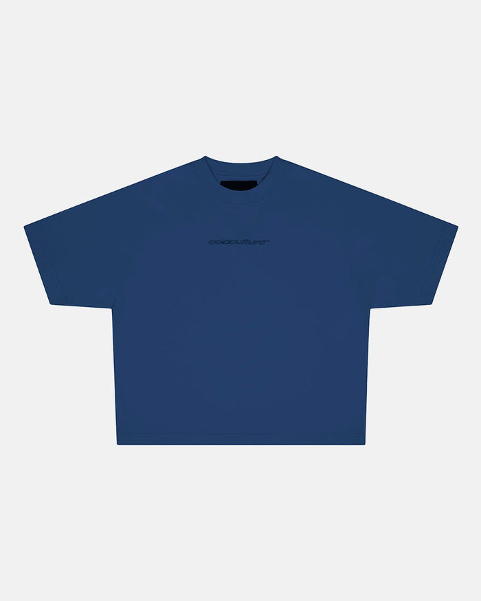 DISTRESS CURVED TEE NAVY - navy blue boxy tee, front view - Cold Culture #woman