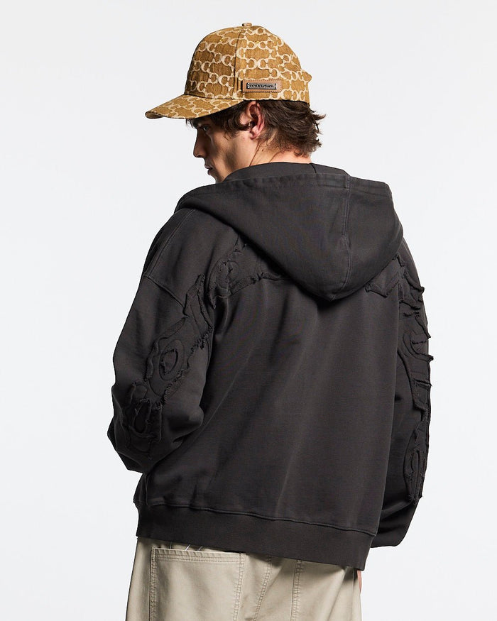 DISTRESS CURVED ZIP HOODIE DARK GREY - dark grey distressed zip-up hoodie, back view on male model - Cold Culture #man