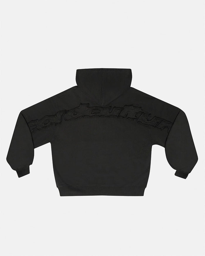 DISTRESS CURVED ZIP HOODIE DARK GREY - dark grey distressed zip-up hoodie, back view - Cold Culture