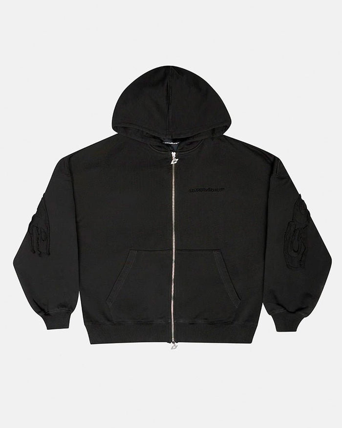 DISTRESS CURVED ZIP HOODIE DARK GREY - dark grey distressed zip-up hoodie, front view - Cold Culture