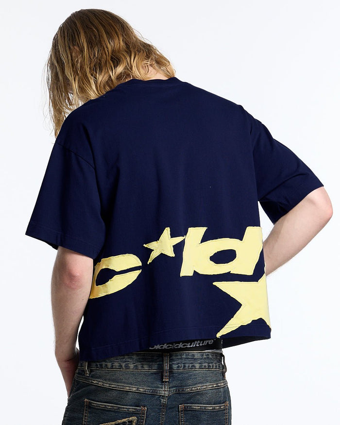 DISTRESS DEFENSE TEE NAVY - navy blue graphic print tee, back view on male model - Cold Culture