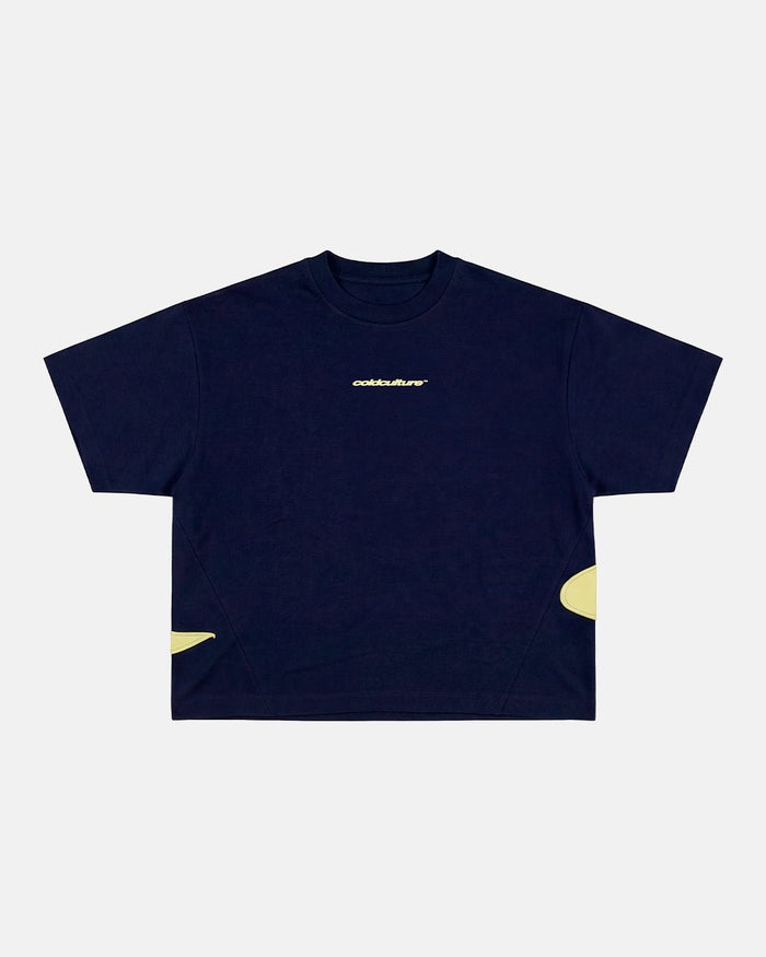 DISTRESS DEFENSE TEE NAVY - navy blue graphic print tee, front view - Cold Culture