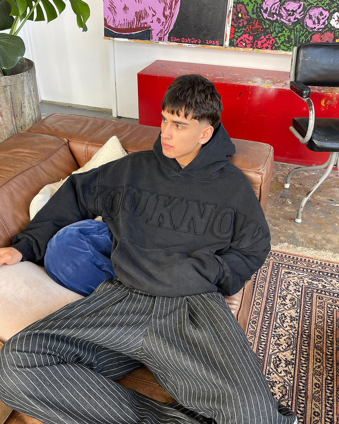 Distressed Applique Hoodie | Washed Black