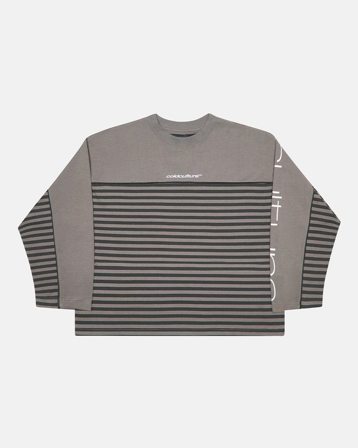 DOUBLE SIDED LONGSLEEVE DARK GREY - dark grey striped longsleeve tee, front view - Cold Culture