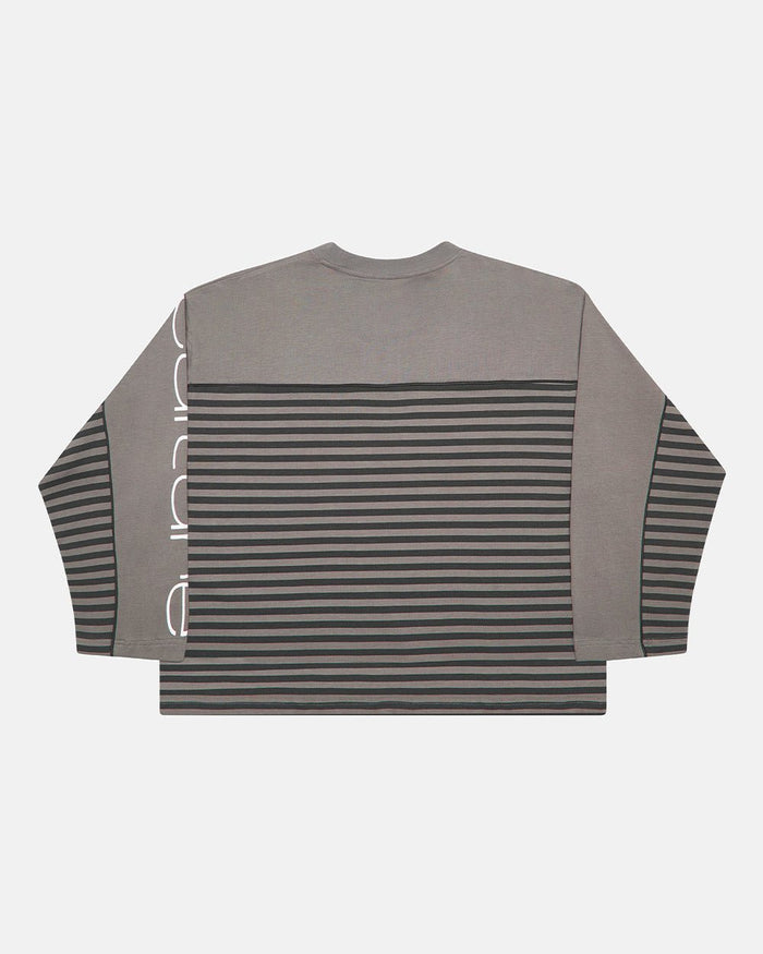 DOUBLE SIDED LONGSLEEVE DARK GREY - dark grey striped longsleeve tee, back view - Cold Culture