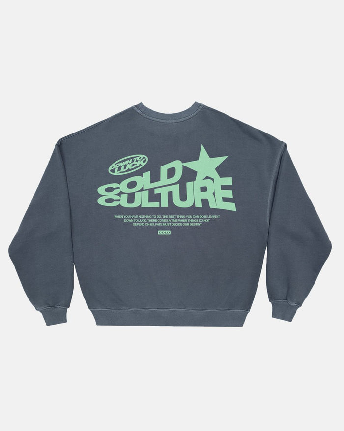 DOWN TO LUCK CREWNECK DARK BLUE - dark blue oversized crewneck sweatshirt, back view - Cold Culture