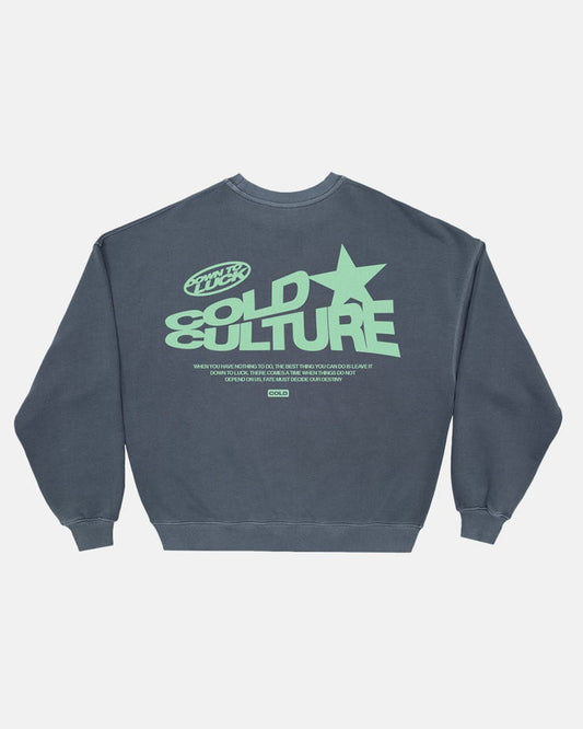 DOWN TO LUCK CREWNECK DARK BLUE - dark blue oversized crewneck sweatshirt, back view - Cold Culture
