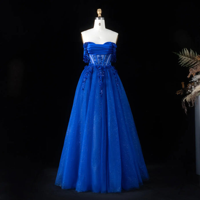Dreamy Blue Cross Lace Up Back Floral Trim Strapless A-Line Prom Dress SH199 Sheer Fairy