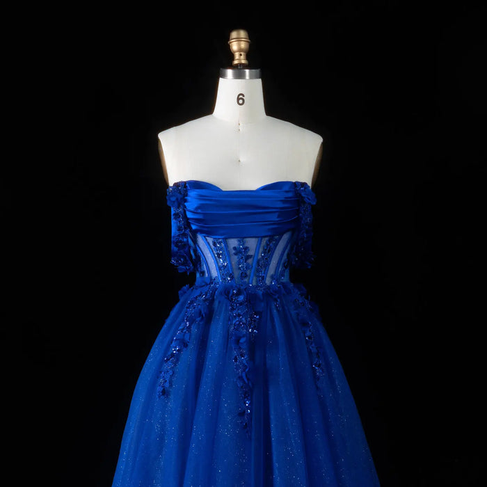 Dreamy Blue Cross Lace Up Back Floral Trim Strapless A-Line Prom Dress SH199 Sheer Fairy