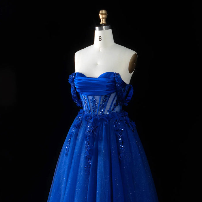 Dreamy Blue Cross Lace Up Back Floral Trim Strapless A-Line Prom Dress SH199 Sheer Fairy