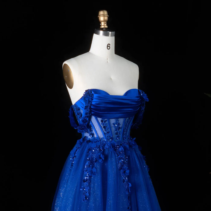 Dreamy Blue Cross Lace Up Back Floral Trim Strapless A-Line Prom Dress SH199 Sheer Fairy