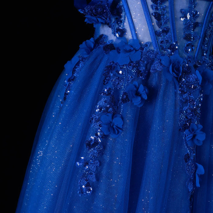 Dreamy Blue Cross Lace Up Back Floral Trim Strapless A-Line Prom Dress SH199 Sheer Fairy
