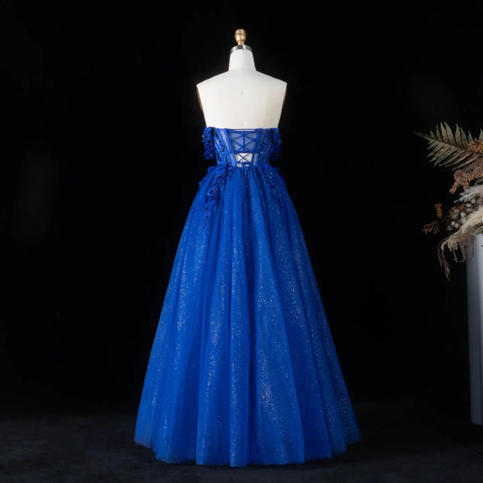 Dreamy Blue Cross Lace Up Back Floral Trim Strapless A-Line Prom Dress SH199 Sheer Fairy