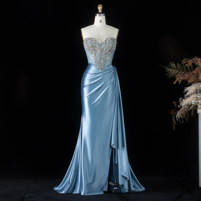 Dreamy Blue Wrap Ruched Side Overlay Strapless Mermaid Prom Dress SH195 Sheer Fairy