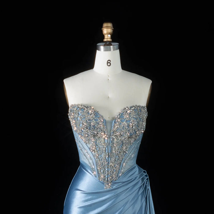 Dreamy Blue Wrap Ruched Side Overlay Strapless Mermaid Prom Dress SH195 Sheer Fairy