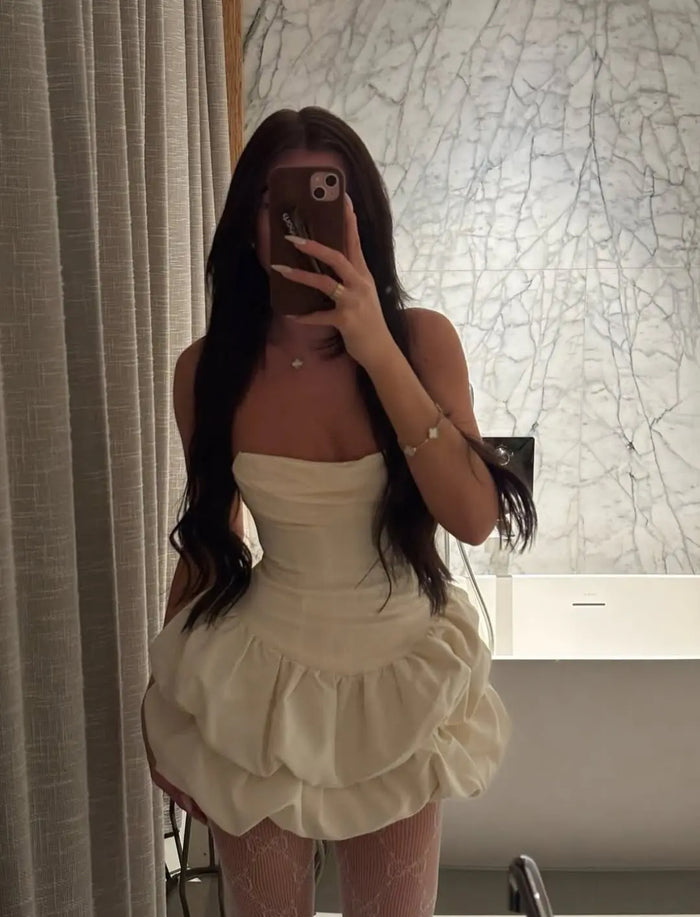Dreamy Ivory Simple Ruched Square Neck Bubble Skirt Homecoming Dress RM227 Sheer Fairy