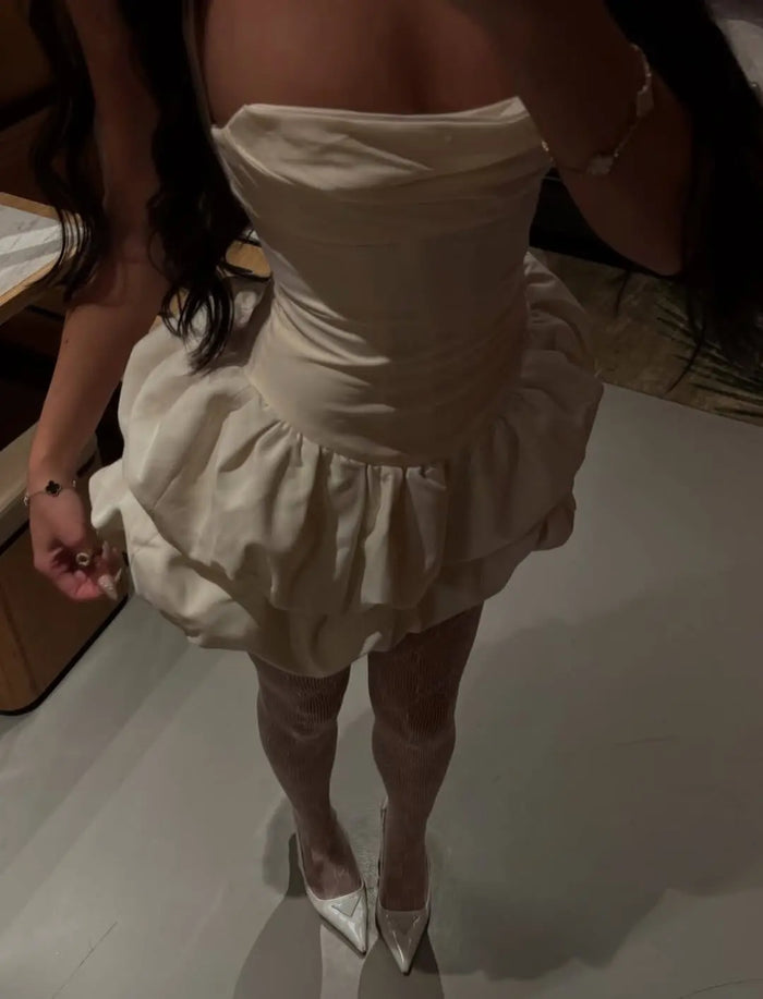 Dreamy Ivory Simple Ruched Square Neck Bubble Skirt Homecoming Dress RM227 Sheer Fairy