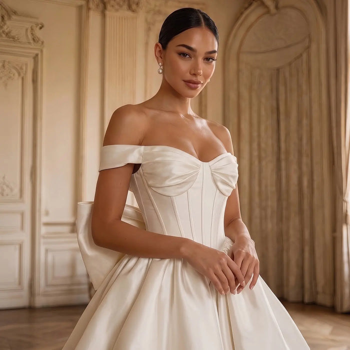 Dreamy Lvory Satin Short Wedding Dress with Statement Bow SW720 Sheer Fairy