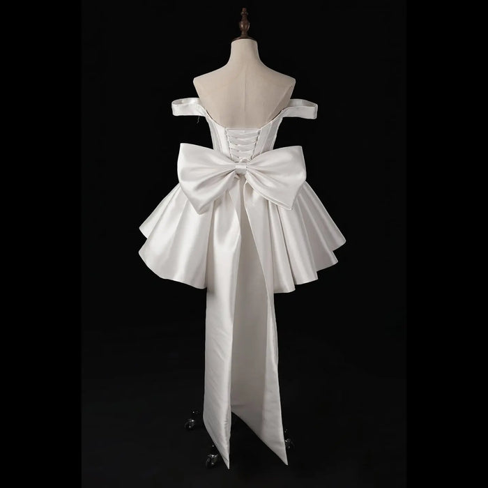 Dreamy Lvory Satin Short Wedding Dress with Statement Bow SW720 Sheer Fairy