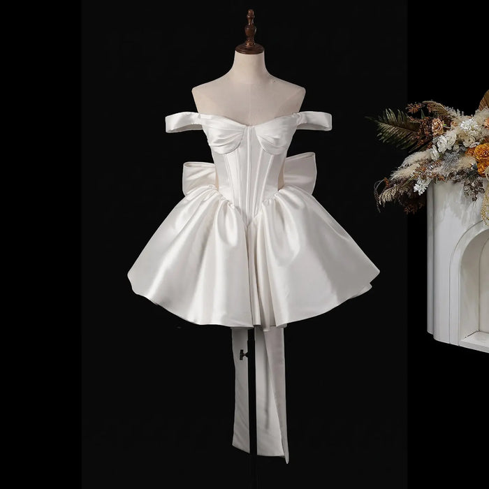 Dreamy Lvory Satin Short Wedding Dress with Statement Bow SW720 Sheer Fairy