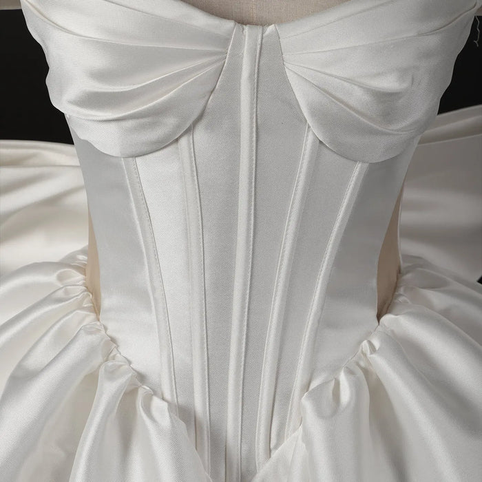 Dreamy Lvory Satin Short Wedding Dress with Statement Bow SW720 Sheer Fairy