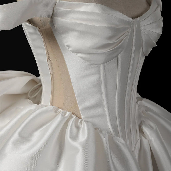 Dreamy Lvory Satin Short Wedding Dress with Statement Bow SW720 Sheer Fairy