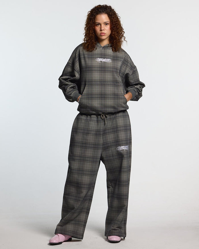 DRIFT SWEATPANTS GREY MIX - grey plaid sweatpants, front view on female model - Cold Culture #woman