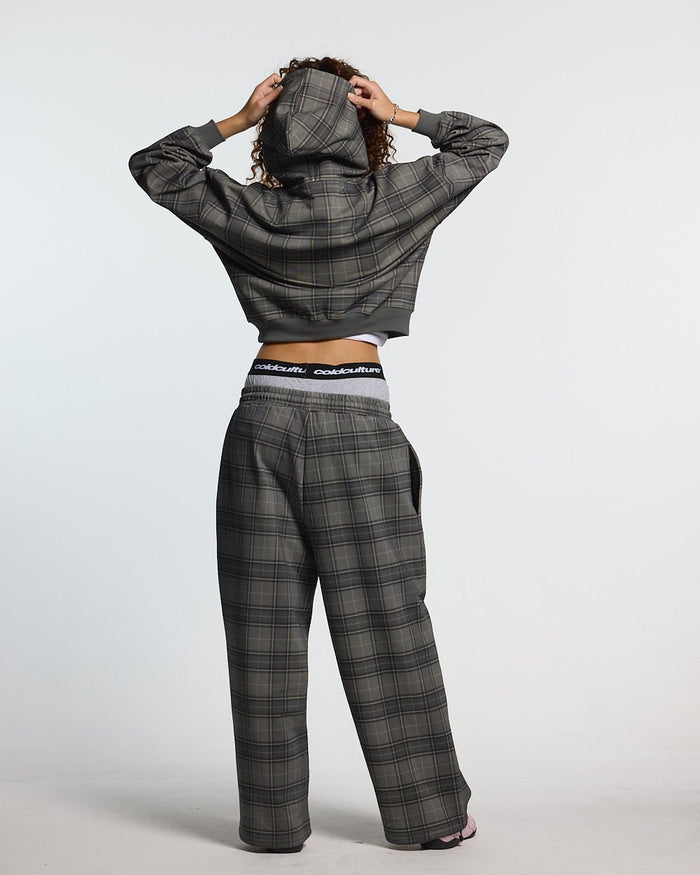DRIFT SWEATPANTS GREY MIX - grey plaid sweatpants, back view on female model - Cold Culture #woman