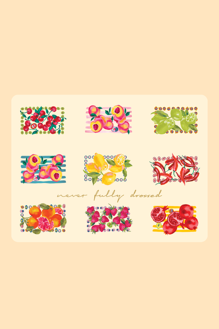 Colourful fruit print e-voucher featuring hand-illustrated lemons, peaches and pomegranates on a cream background.