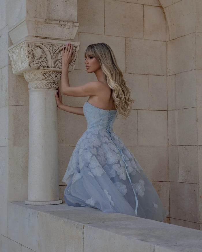 Elegant Blue Strapless Lace-Up Corset 3D Floral Midi Ballgown Homecoming Dress RM232 Sheer Fairy