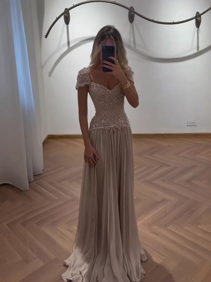 Elegant Caramel Beaded Chiffon A Line Sweetheart Evening Dress LA73698