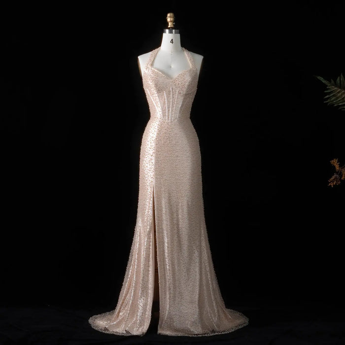 Elegant Champagne Halter Neck Mermaid Prom Dress with Beaded Bodice SH187 Sheer Fairy
