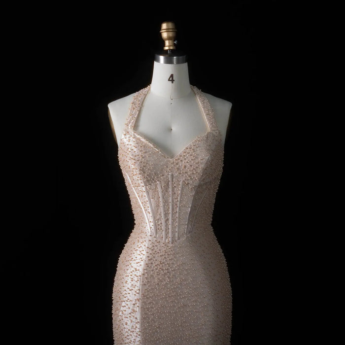 Elegant Champagne Halter Neck Mermaid Prom Dress with Beaded Bodice SH187 Sheer Fairy