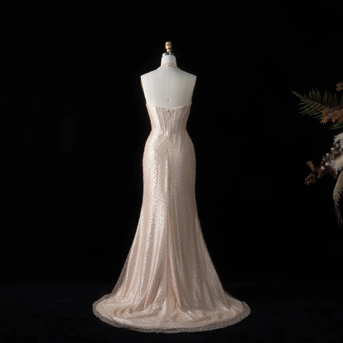 Elegant Champagne Halter Neck Mermaid Prom Dress with Beaded Bodice SH187 Sheer Fairy