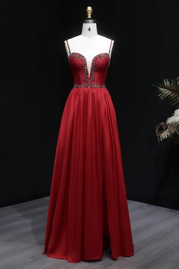 Elegant Red Beaded A-Line Spaghetti Strap Prom Dress SH055 Sheer Fairy