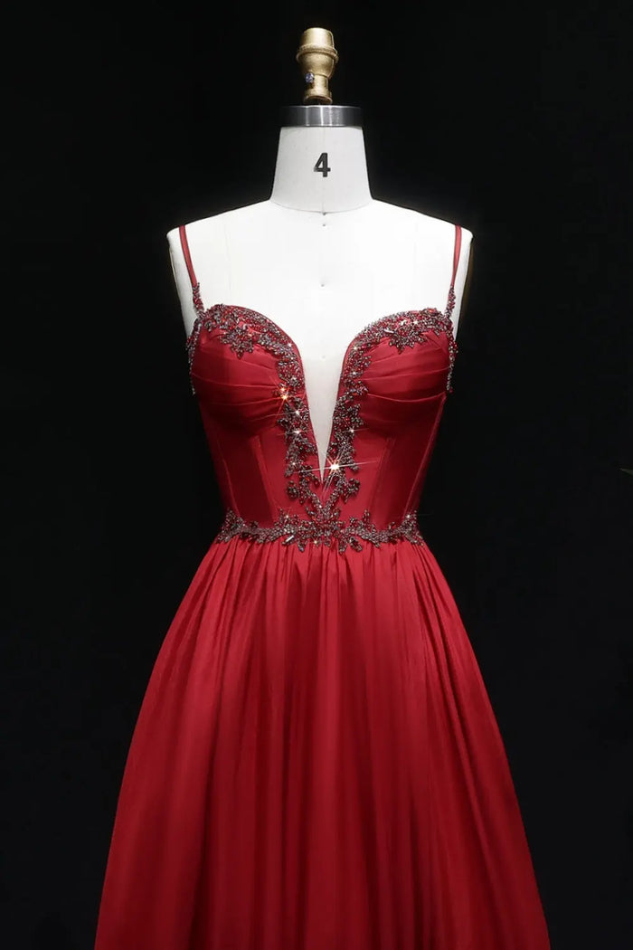 Elegant Red Beaded A-Line Spaghetti Strap Prom Dress SH055 Sheer Fairy
