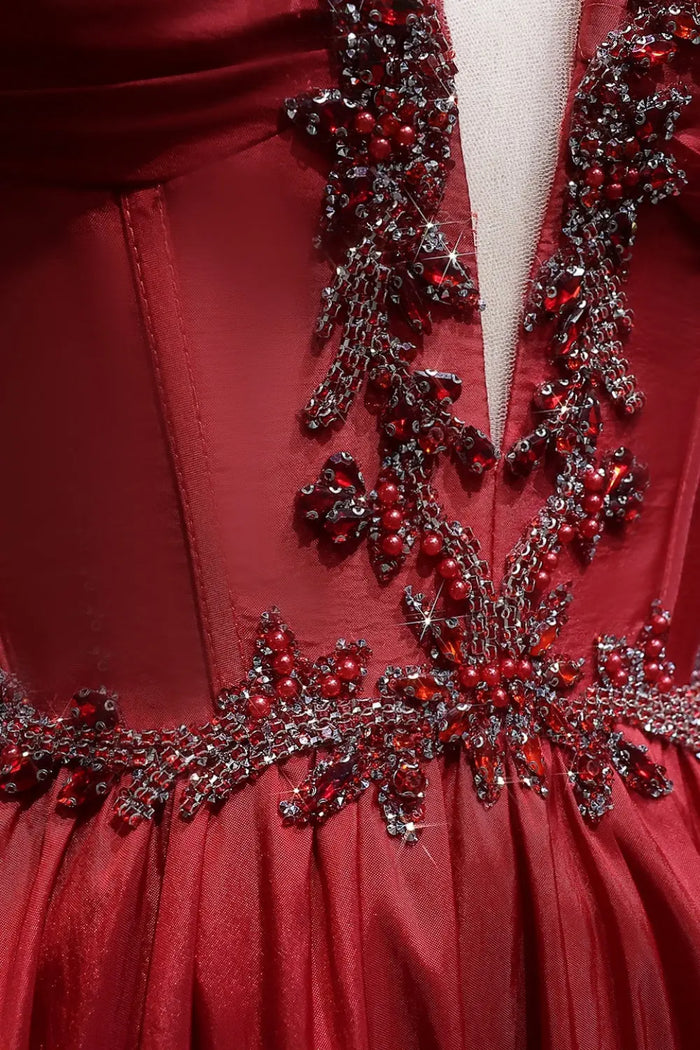 Elegant Red Beaded A-Line Spaghetti Strap Prom Dress SH055 Sheer Fairy