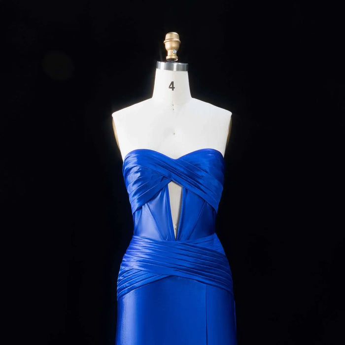 Elegant Royal Blue Strapless Satin Prom Dress with Slit SH189 Sheer Fairy
