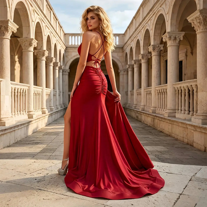 Elegant Wine Red Satin Low Back Mermaid Prom Dress with High Thigh Slit SH851 Sheer Fairy