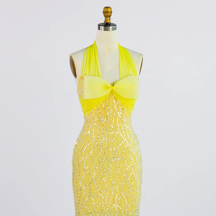 Elegant Yellow Halter Bow Sequin Gown - Mermaid Maxi Formal Evening Dress ST001 Sheer Fairy