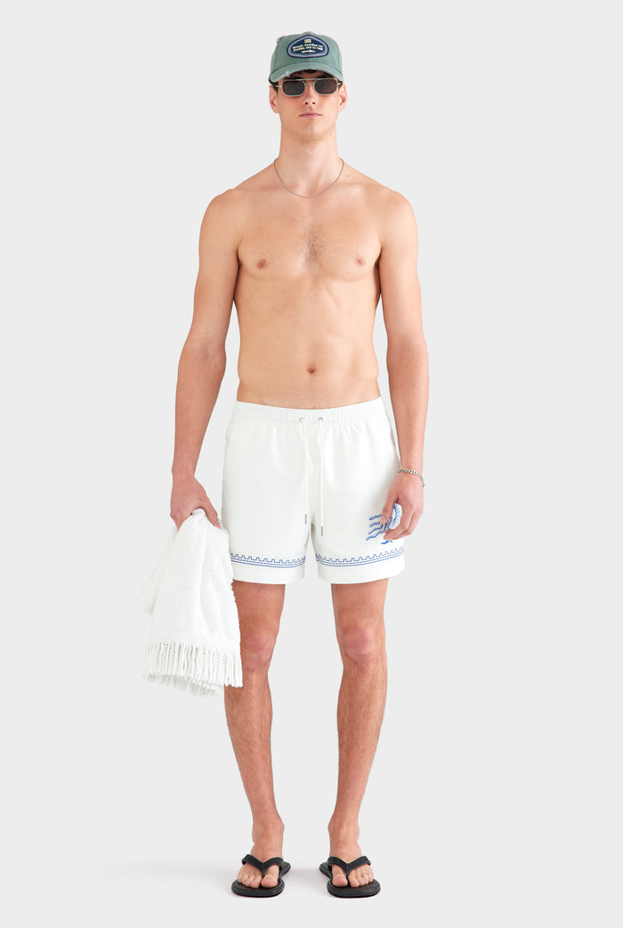 Embroidered Swim Short - Off White/Bright Blue