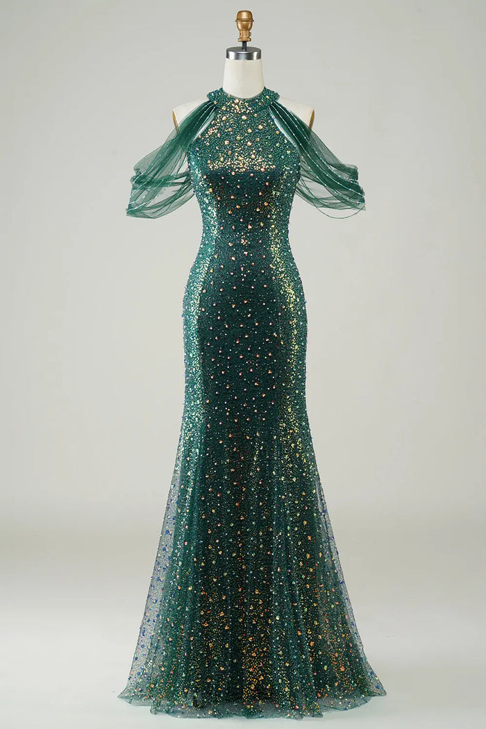 Emerald Green Halter Sequin Ruffle Sleeves Mermaid Prom Dress SH494 Sheer Fairy