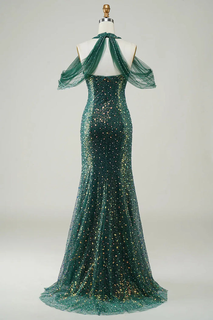 Emerald Green Halter Sequin Ruffle Sleeves Mermaid Prom Dress SH494 Sheer Fairy