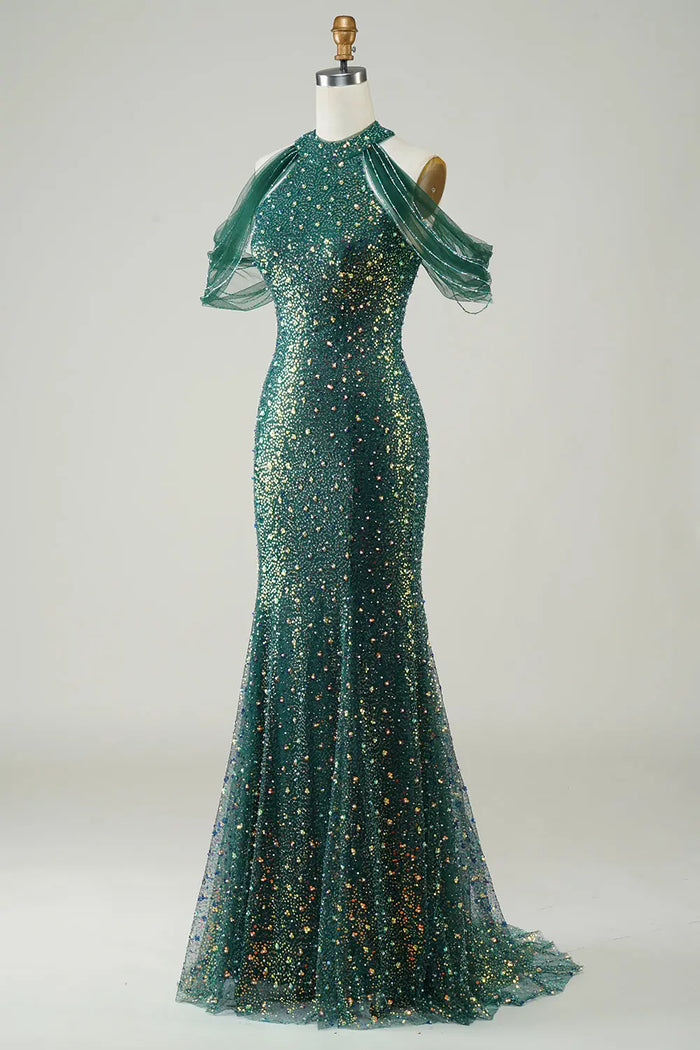Emerald Green Halter Sequin Ruffle Sleeves Mermaid Prom Dress SH494 Sheer Fairy