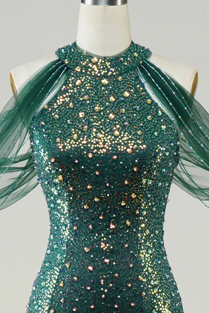 Emerald Green Halter Sequin Ruffle Sleeves Mermaid Prom Dress SH494 Sheer Fairy