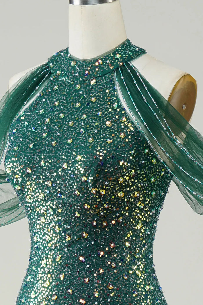 Emerald Green Halter Sequin Ruffle Sleeves Mermaid Prom Dress SH494 Sheer Fairy