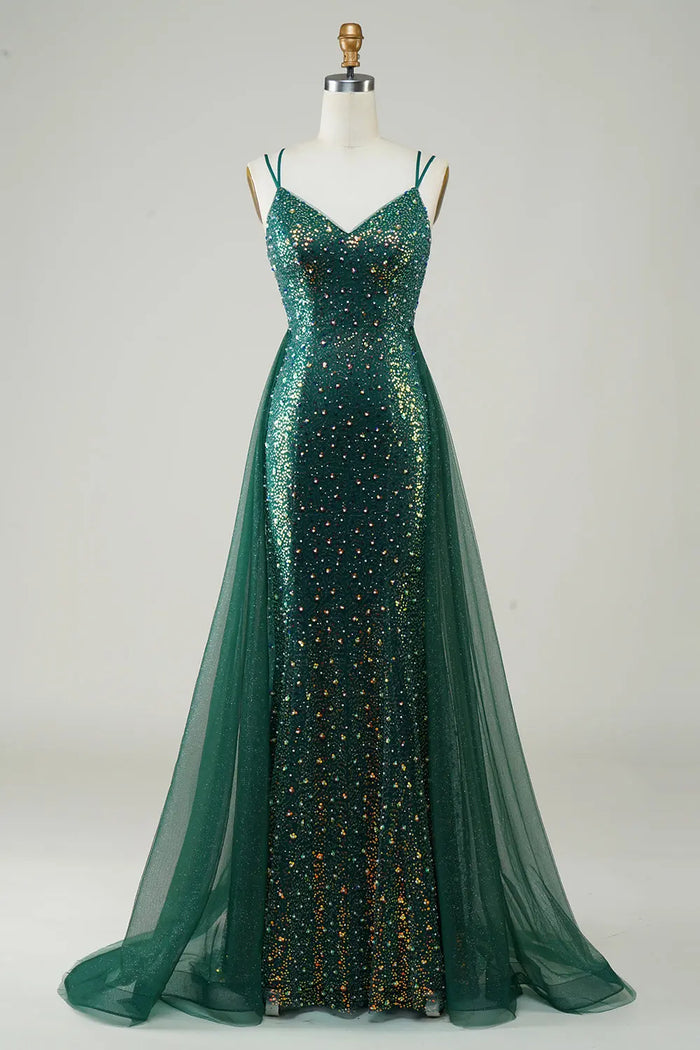 Emerald Green Sequin V-Neck Mermaid Prom Dress with Tulle Overskirt SH497 Sheer Fairy